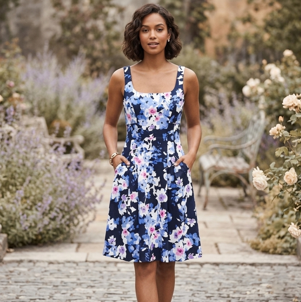Lauren Ralph Lauren Blue Floral Watercolor Fit & Flare Pocket Dress - Size 6